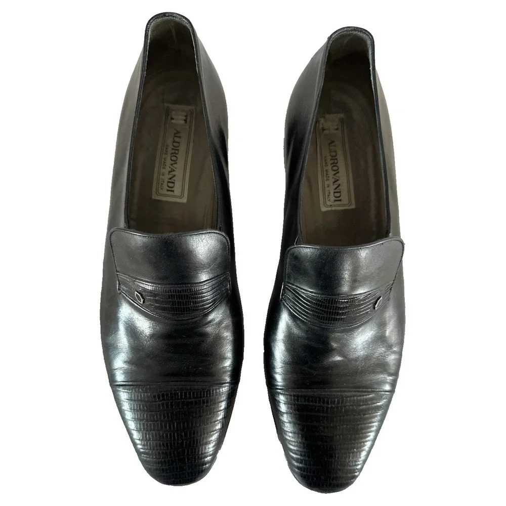 Aldrovandi Men's Black Leather Slip-On Loafers Hand made in Italy US 10.5 EU 9.5